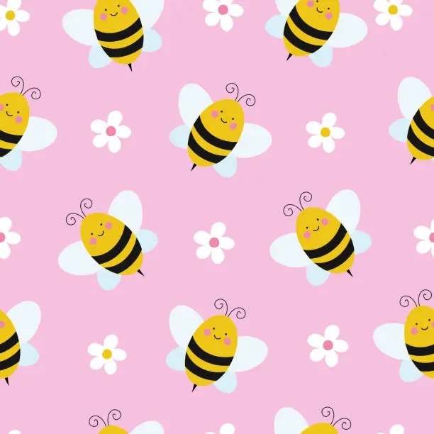 Vector illustration of Seamless pattern with cute cartoon kawaii bees, hand drawn floral vector illustration background