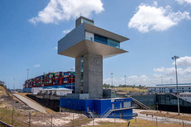 Panama Canal Views Colon, Panama - April 2, 2023: Views of a container ship at the Agua Clara Locks on the Panama canal. panama canal expansion stock pictures, royalty-free photos & images