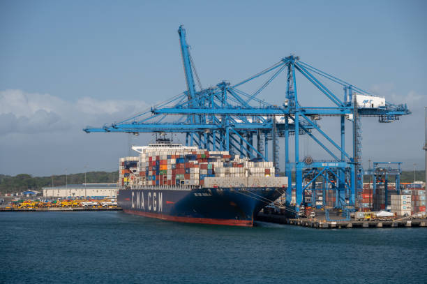 Container Port, Colon, Panama Colon, Panama - April 2, 2023: Views of a container port at Colon in Panama. panama canal expansion stock pictures, royalty-free photos & images