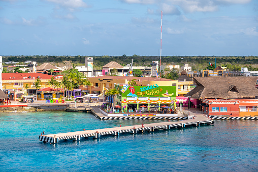 Cozumel, Mexico - April 4, 2023: View of the Cozumel skyline along the cruise port.