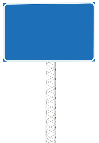 Motorway Road Junction Driving Direction Info Sign Panel Signboard, Large Detailed Isolated Blank Empty Blue Copy Space Background, Roadside Traffic Signage Pole Post, Reinforced Signpost, Vertical Closeup