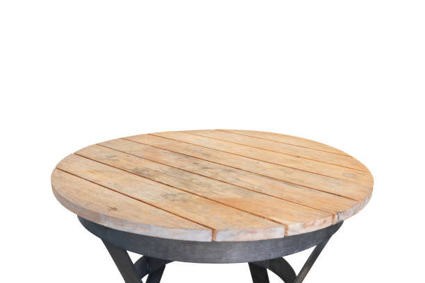 istock Round wooden table top isolated on white background for product display 1485893552