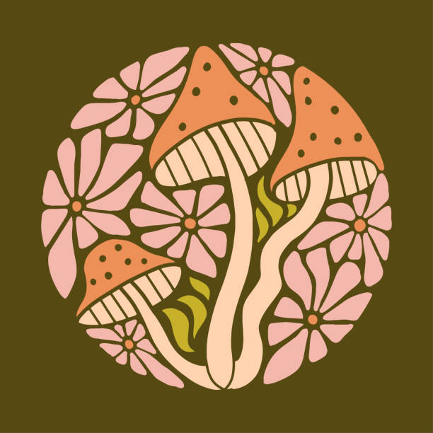 ilustraciones, imágenes clip art, dibujos animados e iconos de stock de estampado redondo psicodélico con setas y flores. concepto de diseño hippie. 60s 70s estilo vintage ilustración vectorial plana dibujada a mano. - fly agaric