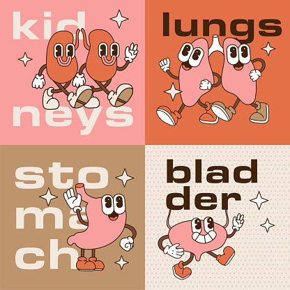Health medical banners set with trendy retro cartoon human organ characters. Kids clinic or family doctor medical checkup for children with kidneys, cute stomach, lungs and bladder organ. 90s Vector.