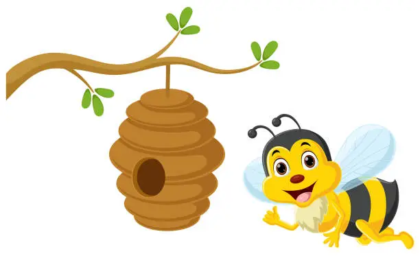 Vector illustration of Cute little bee cartoon with beehive