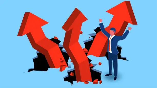 Vector illustration of Breaking through obstacles or problems and achieving success, conquering adversity, challenges and successes, successful recovery growth, stock market or price rebound, arrows breaking out of the ground and continuing to grow