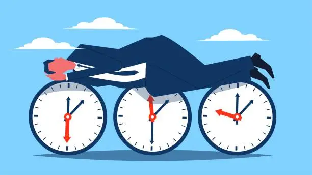 Vector illustration of Exhausted, tired, just want to sleep, waste time, negative attitude to work and life, businessman lying asleep on the clock at three different times