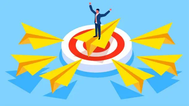 Vector illustration of Business leadership or dominance, business competitiveness, first place, first to the target, equidistant businessman and paper airplane first to the target bullseye