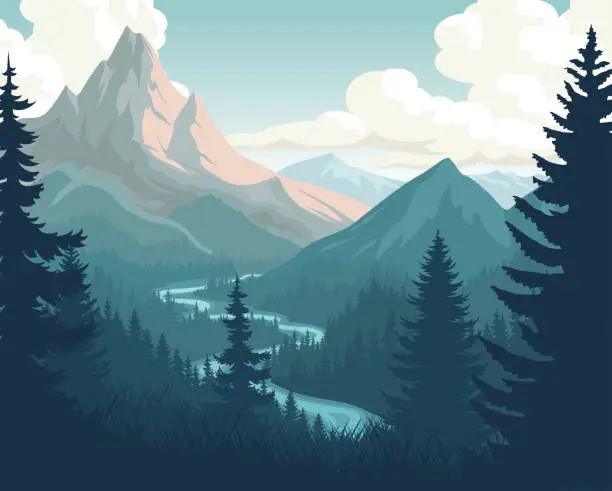 Vector illustration of vector river in mountains illustration