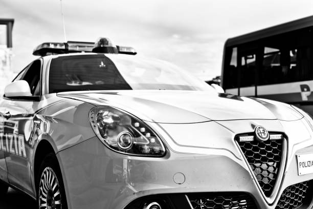 Padua, Italy - April 16, 2023. Police patrol cars  in Padua during security activity. Here Alfa Romeo Giulietta, the new italian patrol car.