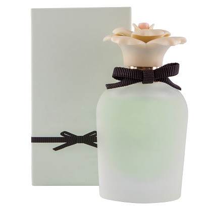 Glass bottle with perfume inside. Isolated on a white background.