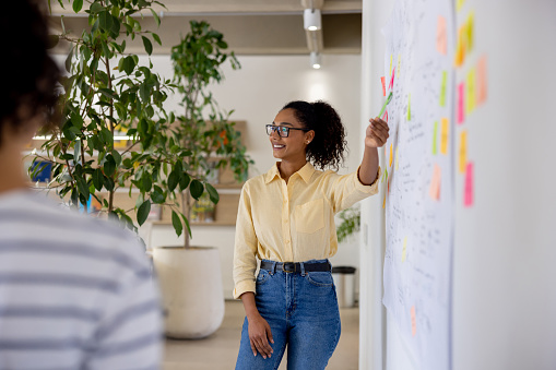 Happy African American woman making a business presentation to her team at the office