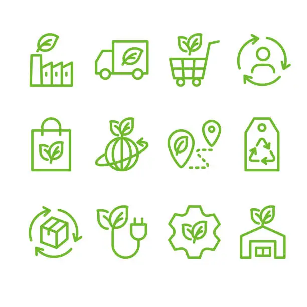 Vector illustration of Sustainable logistics and supply chain. Vector simple line icon set for eco, recycle or sustainable products.