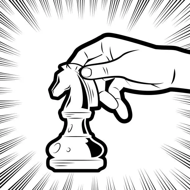 Vector illustration of A hand holding a knight chess in the background with radial manga speed lines