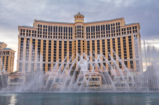 Las Vegas, Nevada, USA - July 21, 2016: The fountains of Bellagio at sunset in Las Vegas