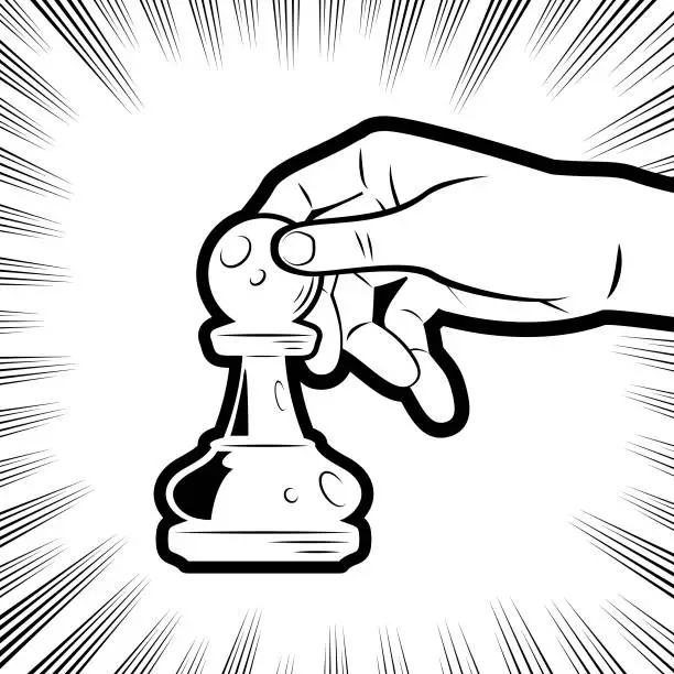 Vector illustration of A hand holding pawn chess in the background with radial manga speed lines