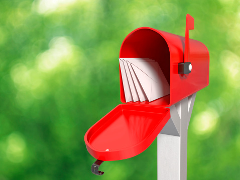 Very high resolution 3D rendering of an open mailbox with some letters inside.