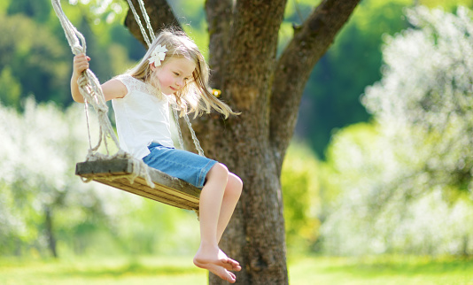 Cute little girl having fun on a swing in blossoming old apple tree garden outdoors on sunny spring day. Spring outdoor activities for kids.