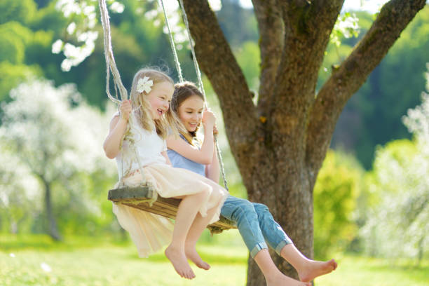 istock Two cute sisters having fun on a swing in blossoming old apple tree garden outdoors on sunny spring day. 1485920877