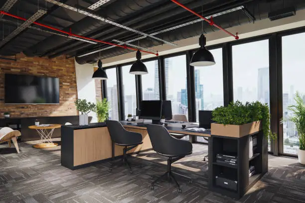 3D rendered interior of an empty modern office space.