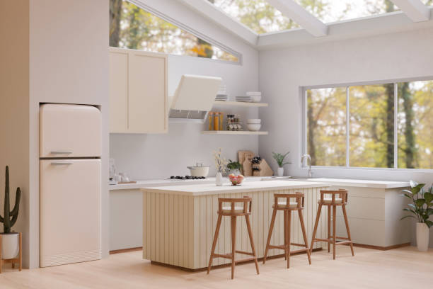 istock Interior design of a modern white kitchen with white kitchen counter and glass ceiling. 1485923879