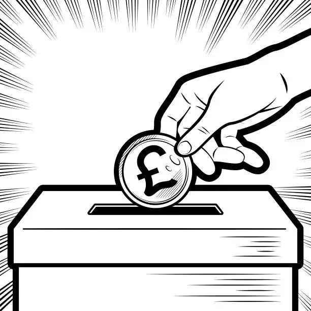 Vector illustration of A hand putting British Pound currency into a donation box in the background with radial manga speed lines