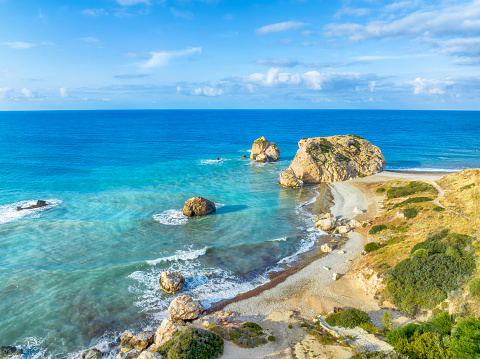 Landscape with Petra tou Romiou (Aphrodite's Rock) in Pafos, Cyprus