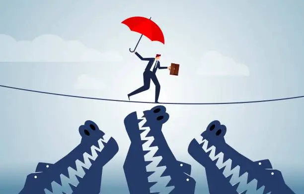 Vector illustration of Danger and risk prevention, self-protection for business investment or life safety, business insurance, businessman with an umbrella walking a wire rope through the crocodile area