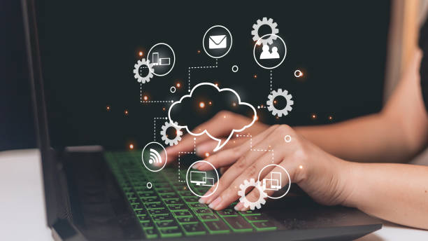 istock Woman hand working with laptop and cloud computing concept on the screen. 1485934465