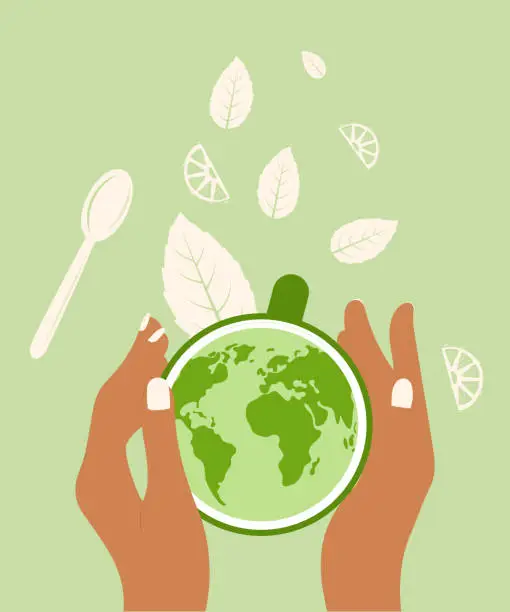 Vector illustration of Hands holding cup of tea with a world map. International Tea Day.