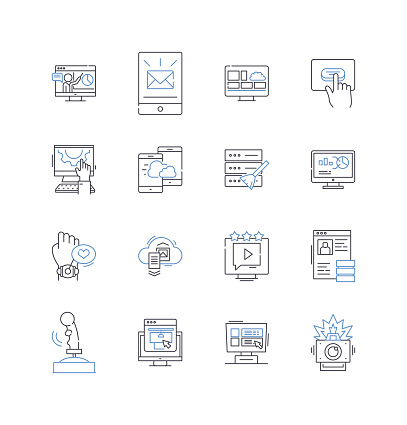Quantum computing outline icons collection. Entanglement, Superposition, Qubit, Error-correction, Decoherence, Interference, Algorithm vector and illustration concept set. Gate,Annealing linear signs and symbols