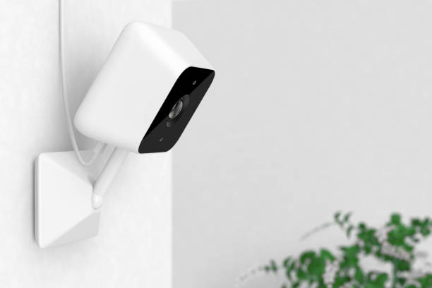 fotocamera web moderna bianca su una parete bianca della stanza. rendering 3d - dome camera security system security foto e immagini stock