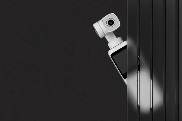 istock White Pocket Handheld Gimbal Action Camera Behind Glass Strip Panels. 3d Rendering 1485938259
