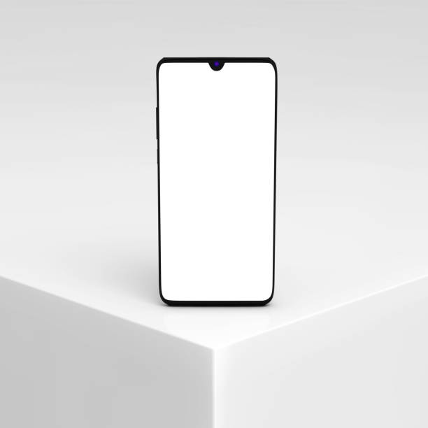 istock Modern Mobile Phone Mockup with Blank Screen for Your Design on a White Product Presentation Podium Cube. 3d Rendering 1485938628