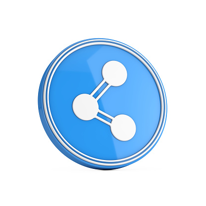 Molecule or Atom Icon in Blue Circle Button on a white background. 3d Rendering