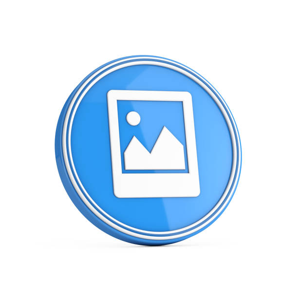 Picture or Photo Frame Icon in Blue Circle Button on a white background. 3d Rendering