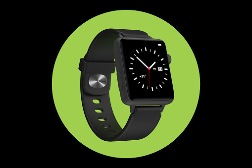Black Modern Smart Watch Mockup on a green circle background. 3d Rendering