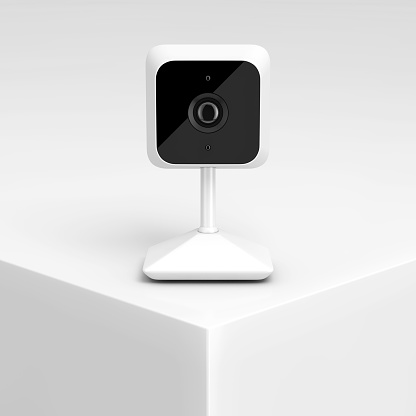 White Modern Web Camera on a White Product Presentation Podium Cube extreme closeup. 3d Rendering