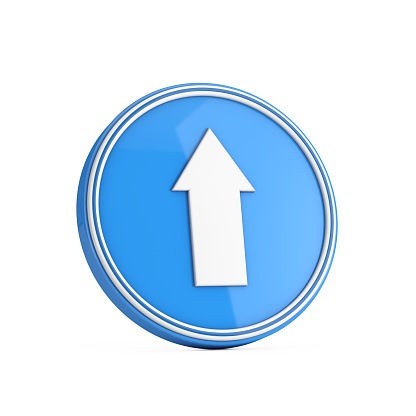 Arrow Up Direction Icon in Blue Circle Button on a white background. 3d Rendering