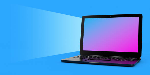 istock Modern Laptop Mockup with Blank Space for Your Design in Shape of Watch Screen Light. 3d Rendering 1485938975