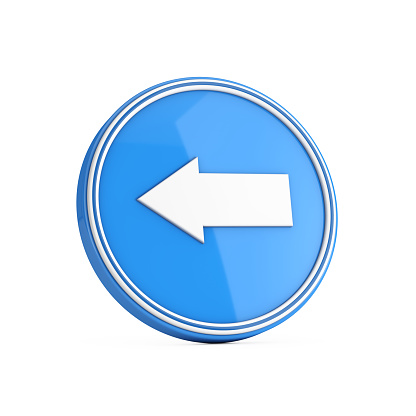 Left Direction Arrow Icon in Blue Circle Button on a white background. 3d Rendering