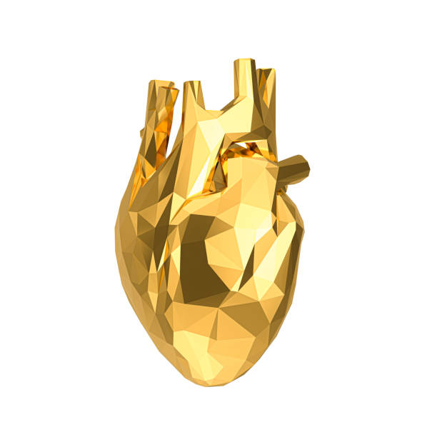 패싯 처리된 low-poly 기하학 효과가 있는 gold abstract human heart. 3d 렌더링 - glass heart 뉴스 사진 이미지