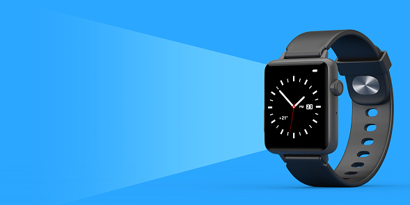 Black Modern Smart Watch Mockup with Blank Space for Your Design in Shape of Watch Screen Light on a blue background. 3d Rendering