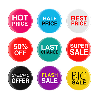 Set of Colorful Sale and Price Button Icons on a white background. 3d Rendering