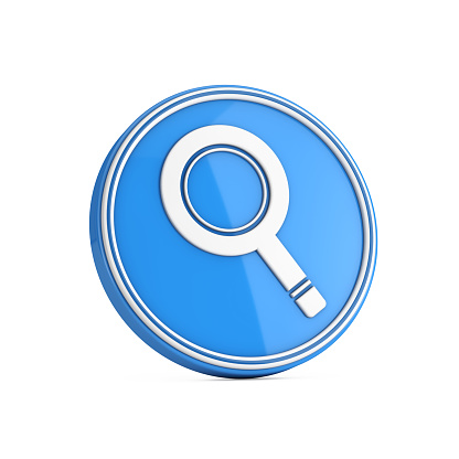 Magnifying Glass or Search Icon in Blue Circle Button on a white background. 3d Rendering