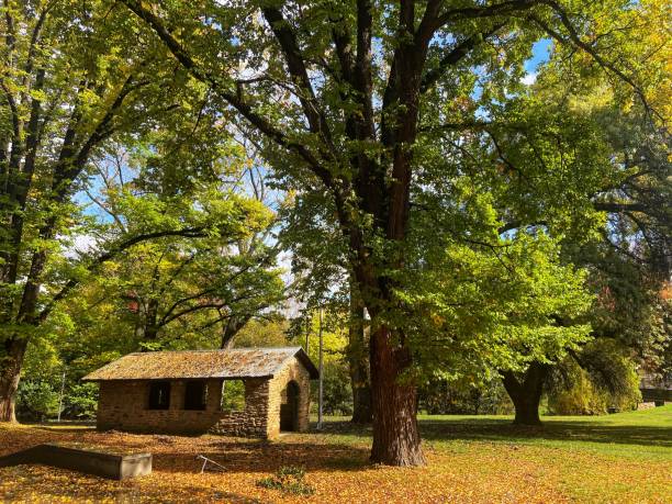 Stone hut under autumn trees Little stone hut under autumn trees in Bright Victoria high country stock pictures, royalty-free photos & images