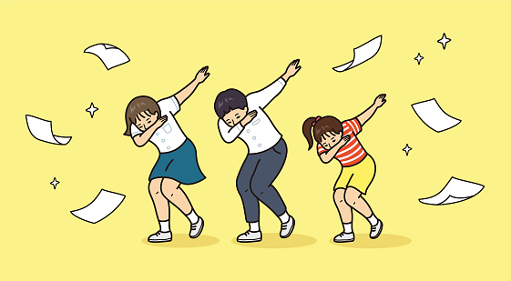 A girl, a boy, and a child are posing as dab. Vector art with a funny and exciting atmosphere scattered with paper and glitter.