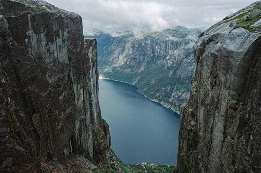 Scenic view of Lysefjorden from Kjerag mountain trail  in Norway