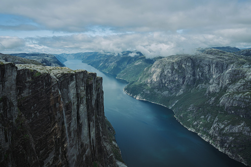 Scenic view of Lysefjorden from Kjerag mountain trail  in Norway