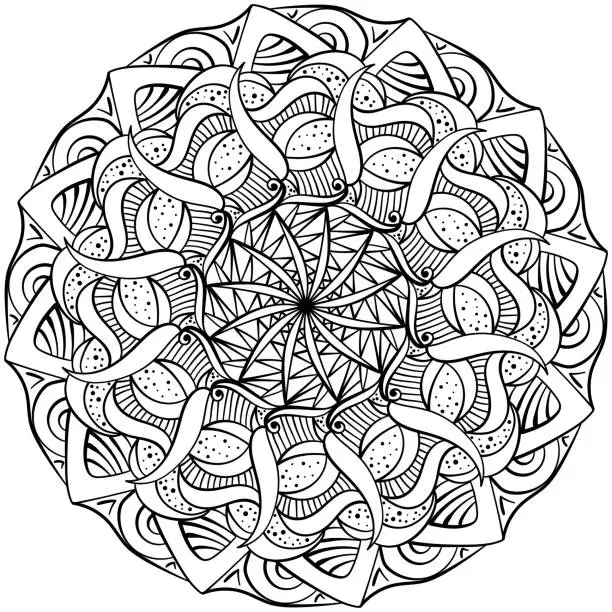Vector illustration of Meditative mandala with swirling motifs and intricate petals, adult and kids coloring page